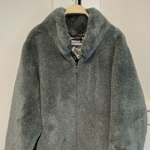 Calvin Klein Womens Size 2X Gray Soft Faux-Fur Mid-Length Anorak Coat Front Zip - Picture 4 of 16